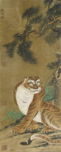 A Chinese Tiger Painting Scroll, Lin Liang Mark