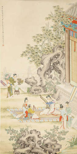 A Chinese Figure and Pavilion Painting Scroll, Huang Jun Mar...