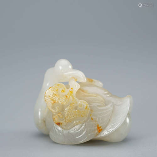 A Carved Chinese Jade Crane and Lingzhi Ornament