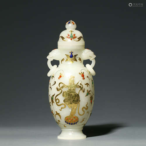 A Gilt Decorated White Jade Vase