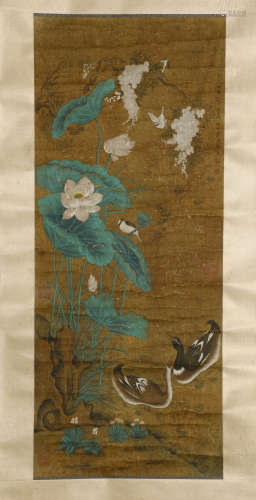A Chinese Reed and Wild Goose Painting Silk Scroll, Jiang Ti...
