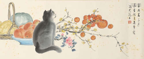 A Chinese Cat Painting Scroll, Wu Qingxia Mark