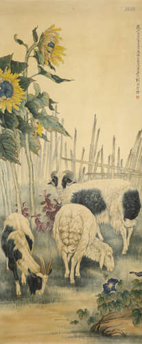 A Chinese Sheep Painting Scroll, Liu Kuiling Mark