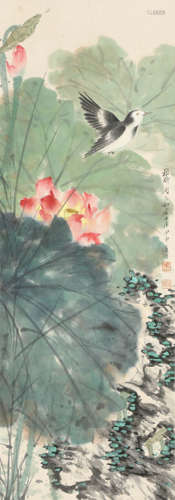 A Chinese Lotus Painting Scroll, Xie Zhiliu Mark