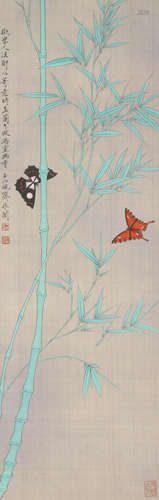 A Chinese Butterfly Painting Silk Scroll, Yu Fei’An Mark