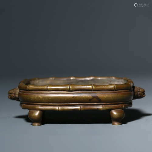 A Bronze Bamboo-Form Beast-Eared Censer