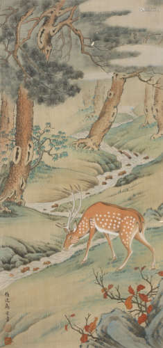 A Chinese Deer Painting Silk Scroll, Ma Jin Mark