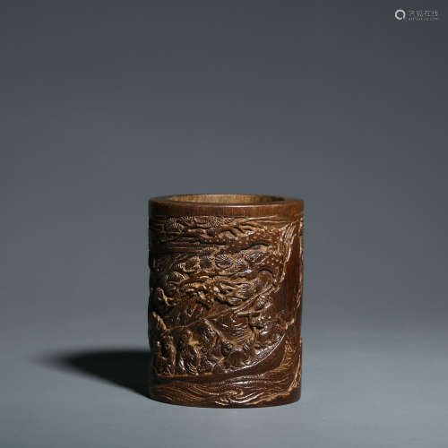 A Carved Eaglewood Figure and Landscape Brush Pot