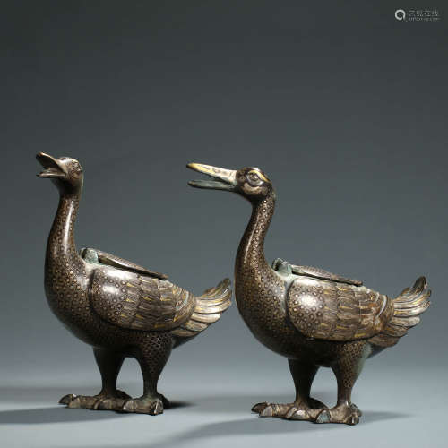 A Pair of Gold and Silver Inlaying Bronze Ducks
