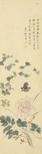 A Chinese Flower Painting Silk Scroll, Qi Gong Mark