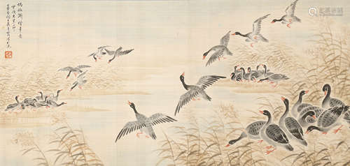 A Chinese Reed and Wild Goose Painting Scroll, Wu Qingxia Ma...