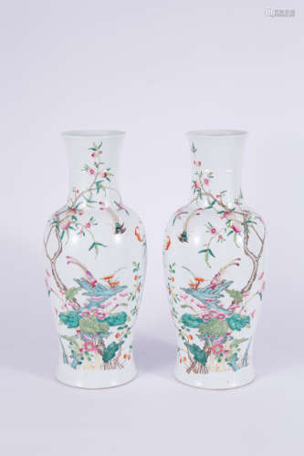 A Pair of Famille Rose Flower and Bird Guanyin Vases