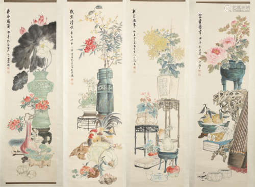 Four Chinese Flowers Painting Scrolls, Sun Xiaoyu Mark