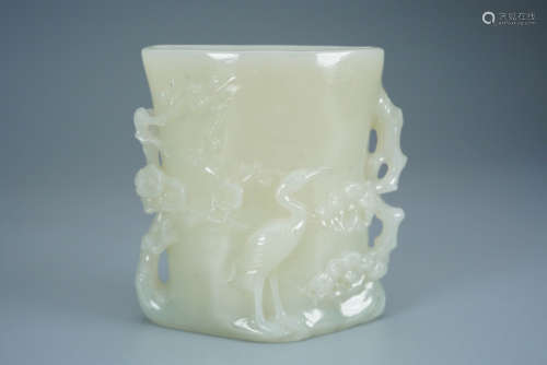 A Carved Jade Crane and Pine Brush Pot