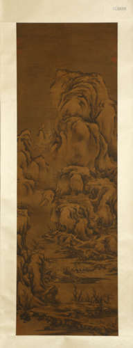 A Chinese Landscape Painting Silk Scroll, Guan Tong Mark