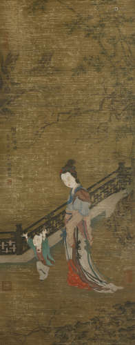 A Chinese Lady Painting Silk Scroll, Wang Zhenpeng Mark