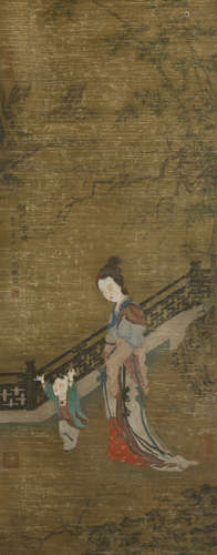 A Chinese Lady Painting Silk Scroll, Wang Zhenpeng Mark