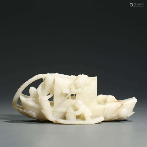A Carved White Jade Boat Ornament