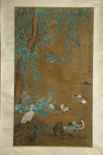 A Chinese Willow and Bird Painting Silk Scroll, Shen Quan Ma...