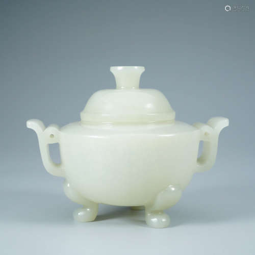 A Carved White Jade Censer and Cover