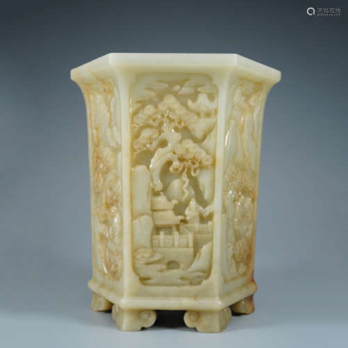 A Carved Buff Jade Hexagonal Brush Pot