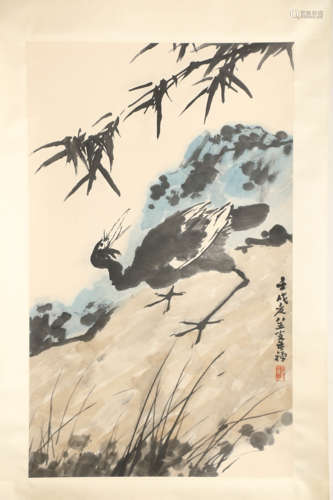 A Chinese Bird and Bamboo Painting Scroll, Li Kuchan Mark