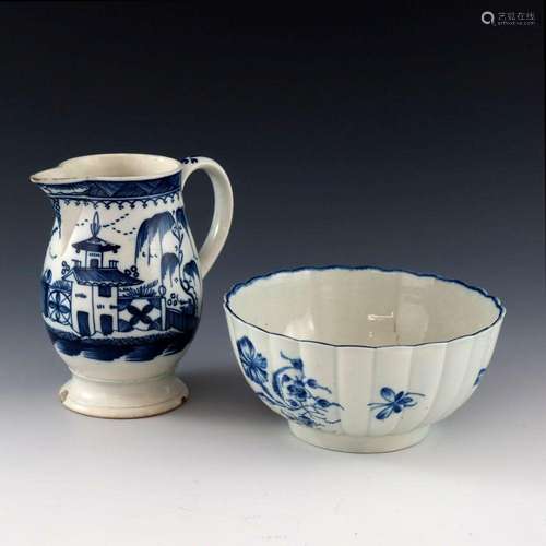 A pearlware blue and white jug and bowl,