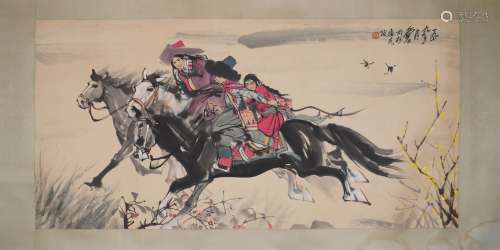 A Chinese Riding Horse Painting, Huang Zhou Mark