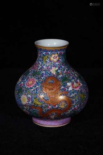 A Famille Rose Blue Base Dragon Pattern Porcelain Vase