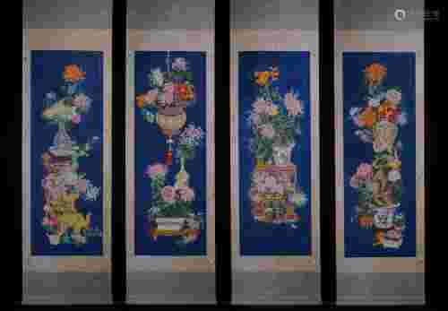 A Group of Four Flower with Vase Painting, Ci Xi Mark