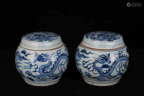 A Pair of Blue and White Dragon Pattern Porcelain Jar