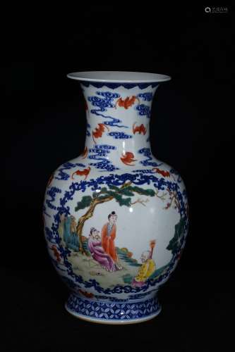 A Blue and White Famille Rose Character Story Porcelain Vase