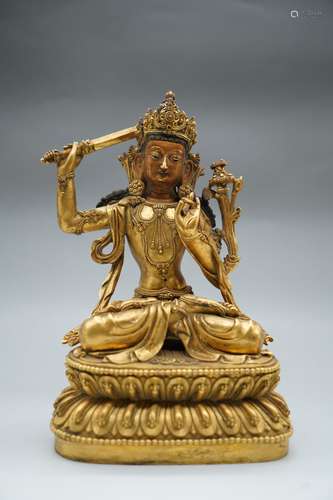 A Gilt Bronze Manjushri Figure Statue