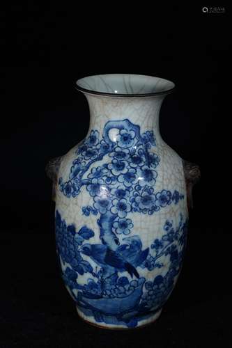 A Blue and White Bird with Flower Pattern Porcelain Vase