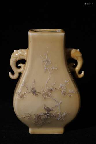 A Yellow Glazed Magpie on the Tree Double Ear Porcelain Vase