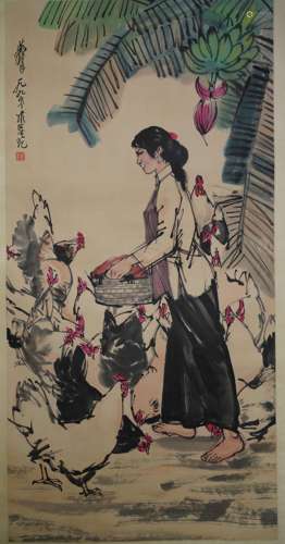 A Chinese Women Feed Chicken Painting, Huang Zhou Mark