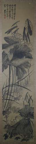 A Chinese Lotus Flower Silk Painting, Shi Tao Mark