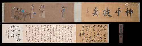A Chinese Charater Story Painting Hand Scroll, Qiu Ying Mark