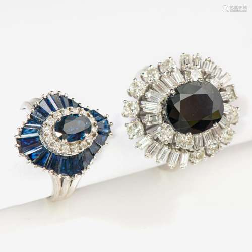 TWO WHITE GOLD, DIAMOND AND SAPPHIRE RINGS MID TO LATE