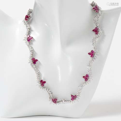 AN EXCEPTIONAL 18 CARAT WHITE GOLD, RUBY AND DIAMOND FRINGE ...