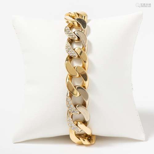 A 14 CARAT GOLD AND DIAMOND SET CURB LINK BRACELET