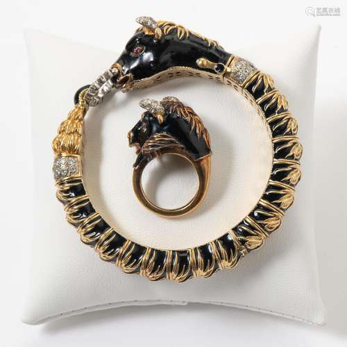 AN ENAMEL AND DIAMOND BULL BANGLE AND RING BY FRASCAROLO