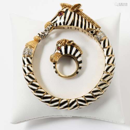 AN ENAMEL AND DIAMOND ZEBRA BANGLE AND RING BY FRASCAROLO