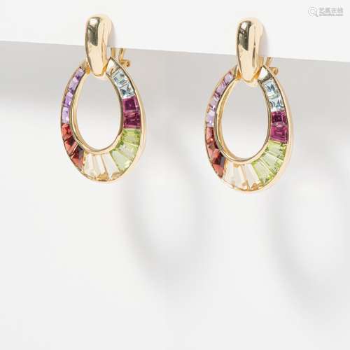 A PAIR OF 18 CARAT YELLOW GOLD, INVISIBLE SET GEMSTONE EAR P...