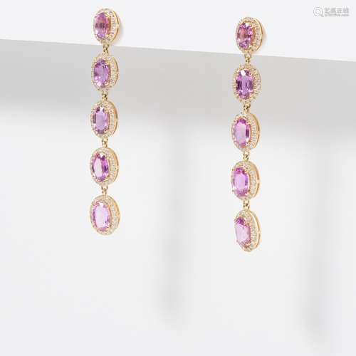 A PAIR OF 18 CARAT YELLOW GOLD, DIAMOND AND SAPPHIRE EARRING...