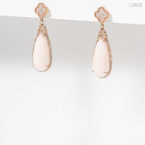 A PAIR OF 18 CARAT ROSE GOLD, DIAMOND AND ANGELSKIN CORAL EA...