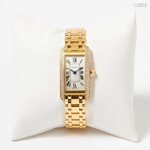 A YELLOW GOLD AND DIAMOND-SET CARTIER TANK AMERICAINE LADY’S...