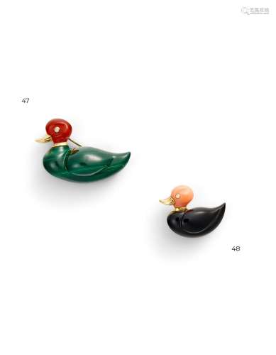 ONYX & CORAL DUCK BROOCH