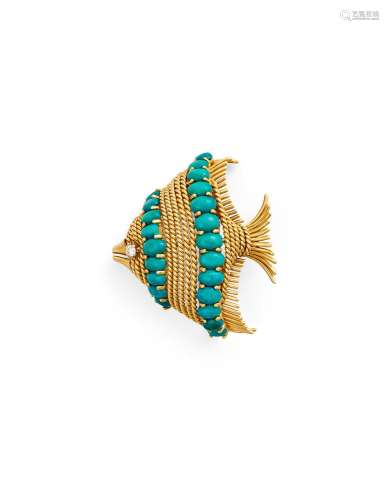 DIAMOND & TURQUOISE FISH BROOCH