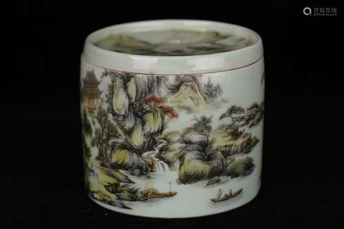 A Famille Rose Landscape Porcelain Box